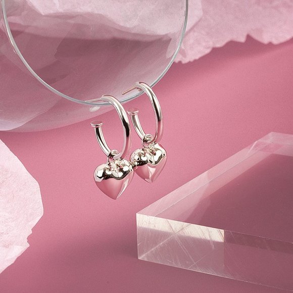 #NEW 925 Sterling Silver Heart Drop Round Hoop Earrings - Picture 4 of 10